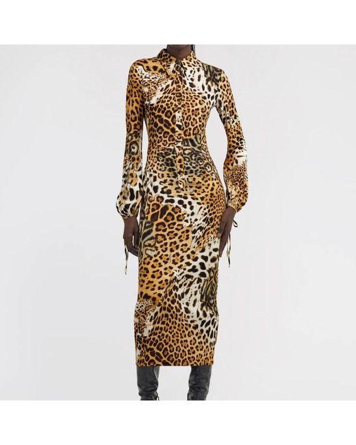 Roberto Cavalli Kleedjes ,Veelkleurig ,Luipaardprint Midi Jurk in het Metallic