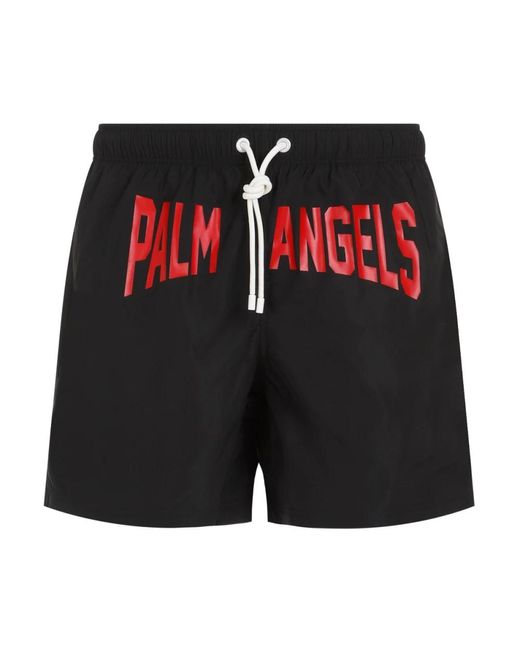 Shorts da bagno neri vita elastica logo rosso di Palm Angels in Black da Uomo
