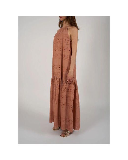 Not Shy Brown Romantisches Baumwoll-Sangallo-Langkleid