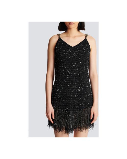 Balmain Black Tweed Fringe Mini Dress