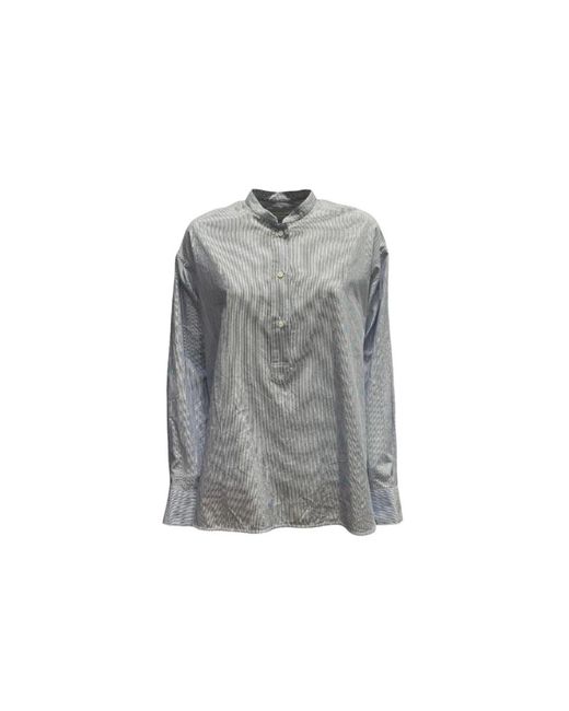 Lis Lareida Overhemden ,Blauw ,Katoen Gestreepte Blouse Met Opstaande Kraag in het Gray