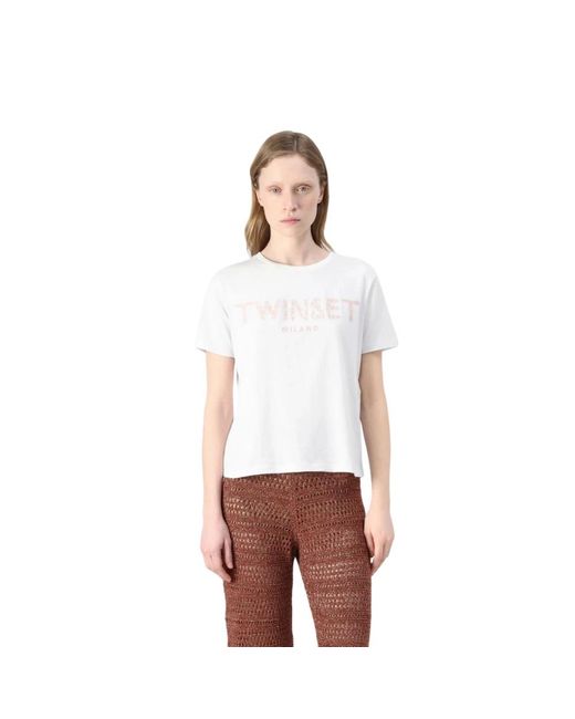 Twinset Tops ,Wit ,Katoen Geborduurd T-Shirt Van Katoen Met Korte Mouwen in het White