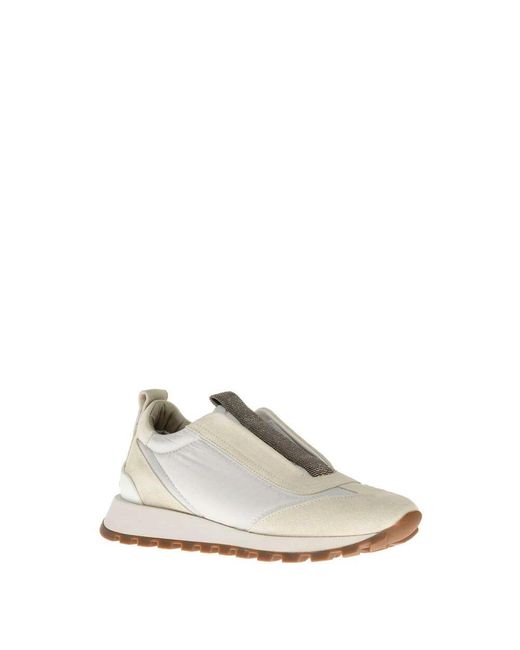 Brunello Cucinelli Natural Weiße wildleder-sneakers mit monile-einsatz