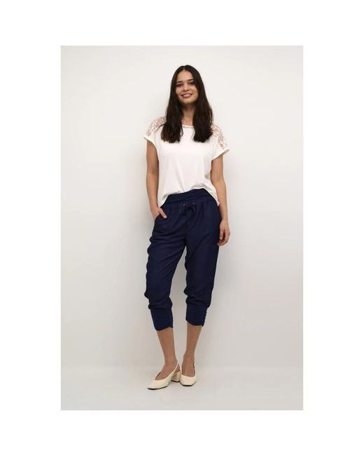 Cream Blue Cropped Trousers