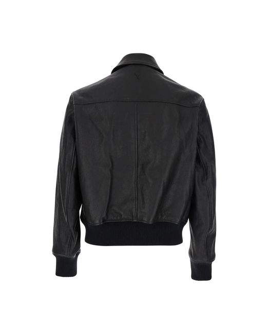 AMI Black Leather Jacket With Classic Collar And Adc Logo Embroidery Detail for men
