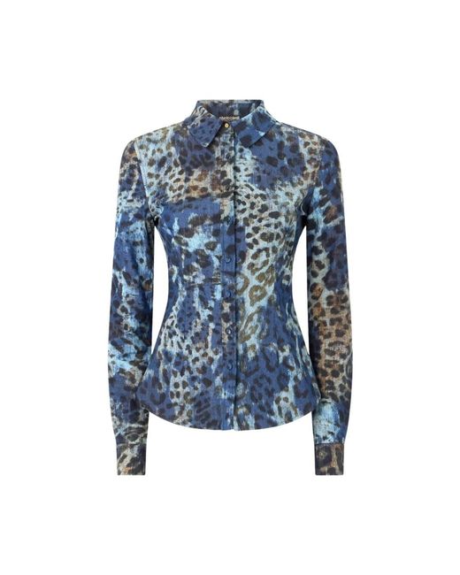 Roberto Cavalli Overhemden ,Veelkleurig ,Katoen Katoenen Overhemd Met Jaguarhuidprint in het Blue