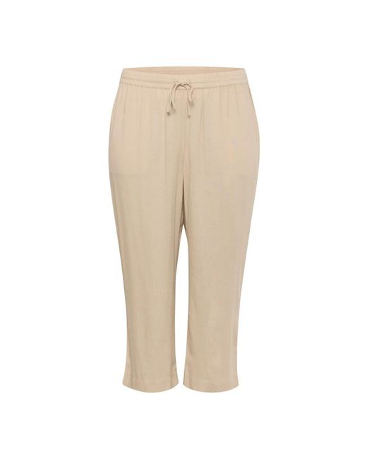 Kaffe Broeken ,Linnen Veergrijze Cropped Broek Met Elastische Taille in het Natural