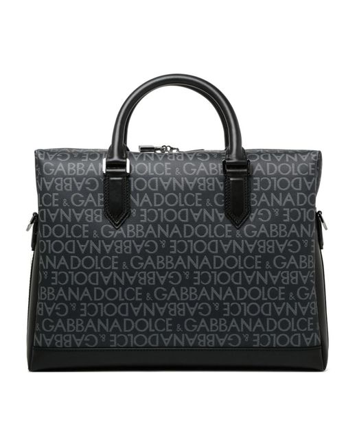 Dolce & Gabbana Schwarze und graue kalbsleder-logo-print-aktentasche in Black für Herren