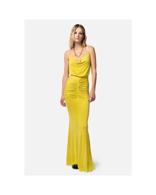 Elisabetta Franchi Yellow Gelbes langes kleid mit drapiertem rücken