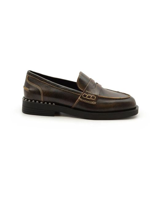 Ash Black Brauner leder-mokassin mit nieten