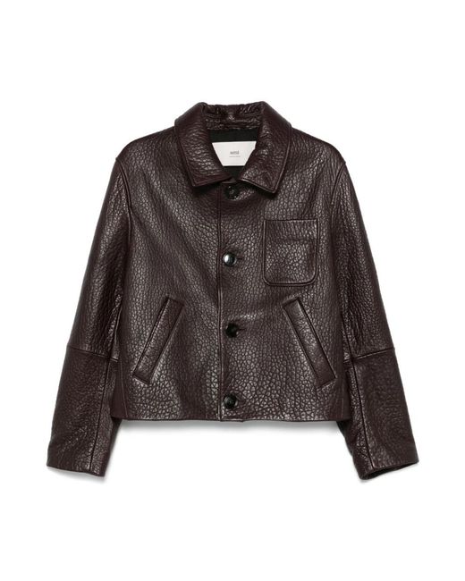 AMI Brown Lila Lederjacke Mit Taschen