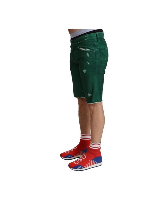 Dolce & Gabbana Grüne zerrissene baumwoll-denim bermuda shorts in Green für Herren