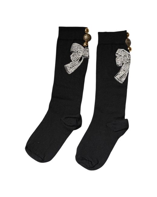 Dolce & Gabbana Black Schwarze Gestrickte Blumen Kristall Verzierung Socken
