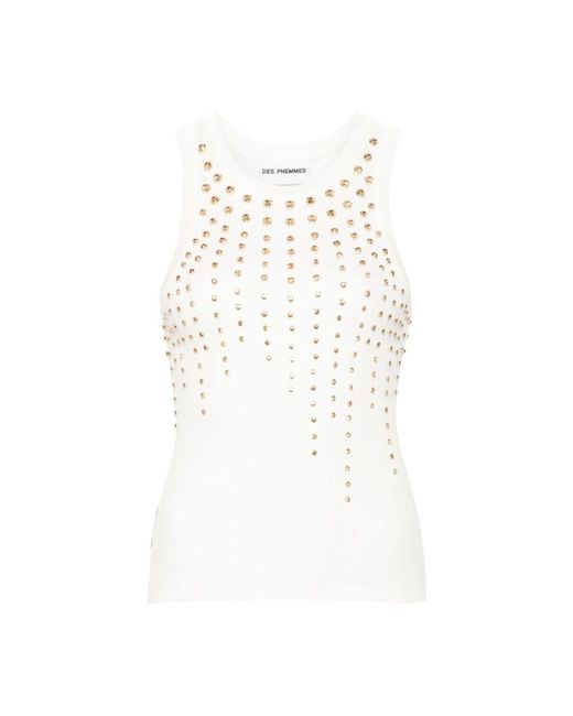 Des Phemmes White Weiße ärmellose top mit strass