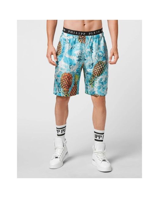 Philipp Plein Korte Broeken ,Blauw ,Silk Shorts Pineapple Skies in het Blue voor heren