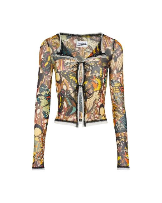 Jean Paul Gaultier Multicolor Gelber schmetterlingsdruck mesh cardigan pullover
