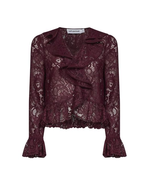 Self-Portrait Overhemden ,Rood ,Polyester 102T Blouse Met Ruches En V-Hals in het Purple