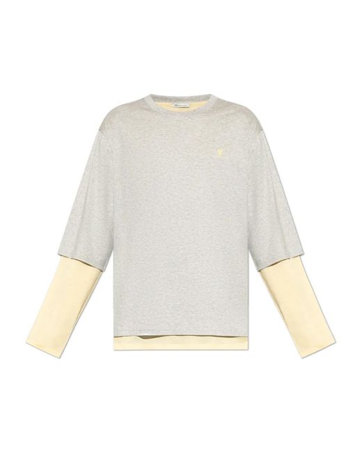 AMI Tops ,Grijs ,Katoen Double-Sleeve Effect De Coeur T-Shirt in het White voor heren