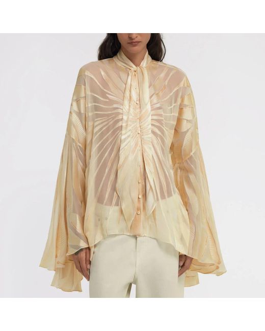 Roberto Cavalli Overhemden ,Satijn Gouden Print Satijnen Blouse Ivoor in het Natural