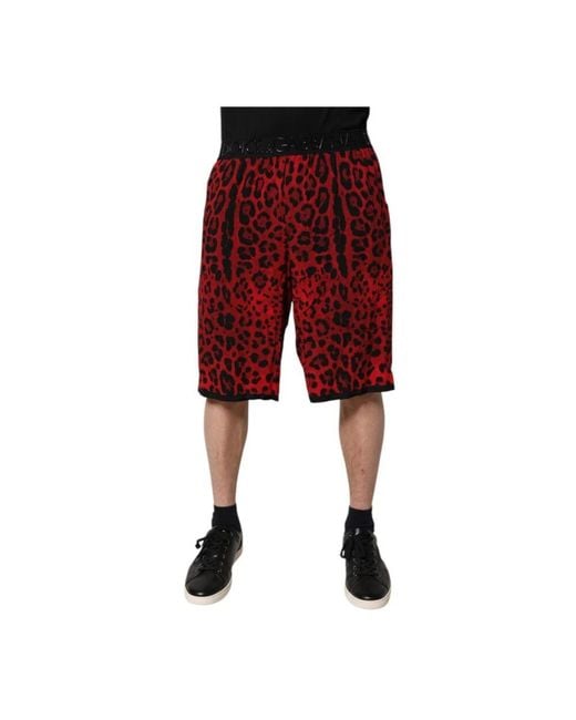 Dolce & Gabbana Rote Leopard Print Bermuda Shorts in Red für Herren