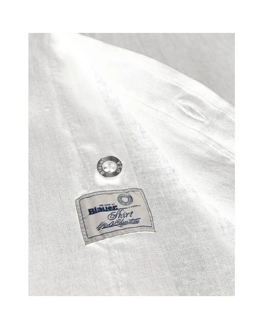 Blauer Gefärbtes Leinenhemd Mit Abgerundetem Saum in White für Herren