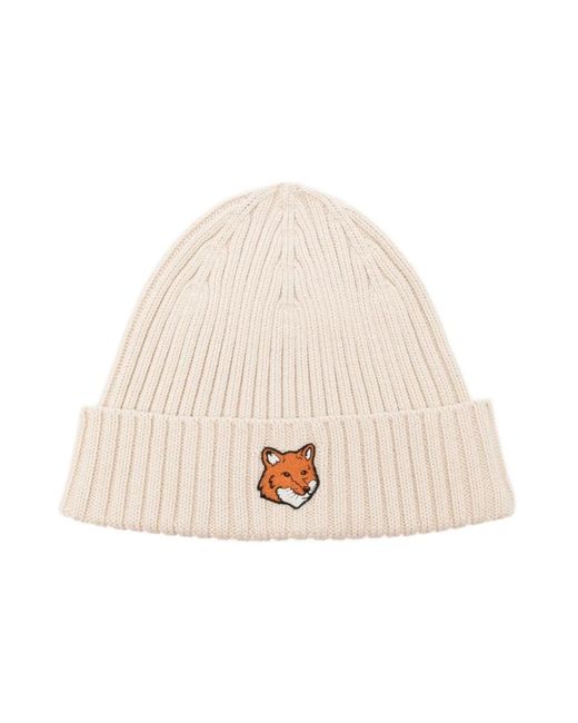 Maison Kitsuné Fox Head Beanie in Natural für Herren
