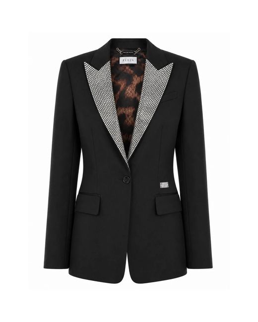 Philipp Plein Single Breasted Fit Blazer Crystal Strass in het Black