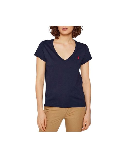 Elegante camiseta de algodón con cuello en v Ralph Lauren de color Blue