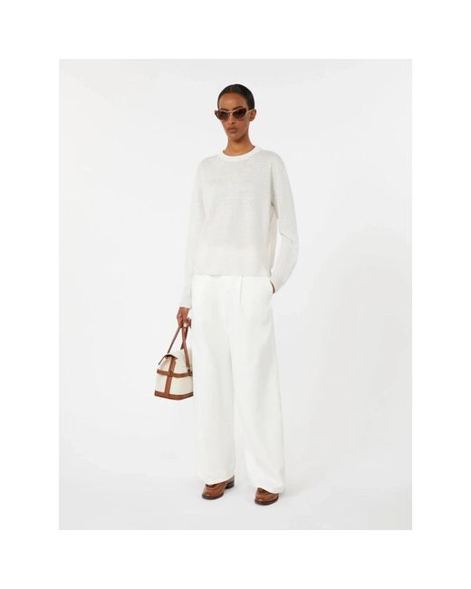 Max Mara White Pullover Aus Leinen-Garn Mit Rundhalsausschnitt