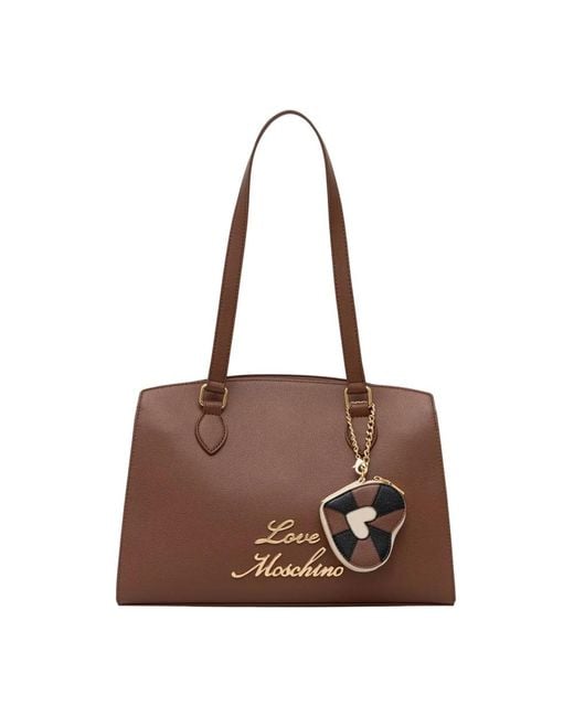 Love Moschino Brown Logo-Schriftzug Herz-Anhänger Shopper
