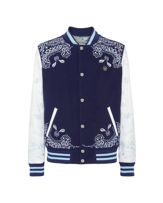 Philipp Plein Jassen ,Blauw ,Wol Wool And Leather Bomber Paisley Foulard in het Blue voor heren