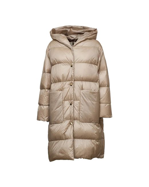 Max Mara Jassen ,Leer Gewatteerde Midi-Jas Met Capuchon En All-Over Horizontale Strepen in het Natural