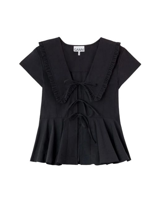 Ganni Black Cotton Poplin Collared Blouse