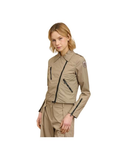 Blauer Jassen ,Nylon Lange Nylonjas Met Asymmetrische Rits in het Brown
