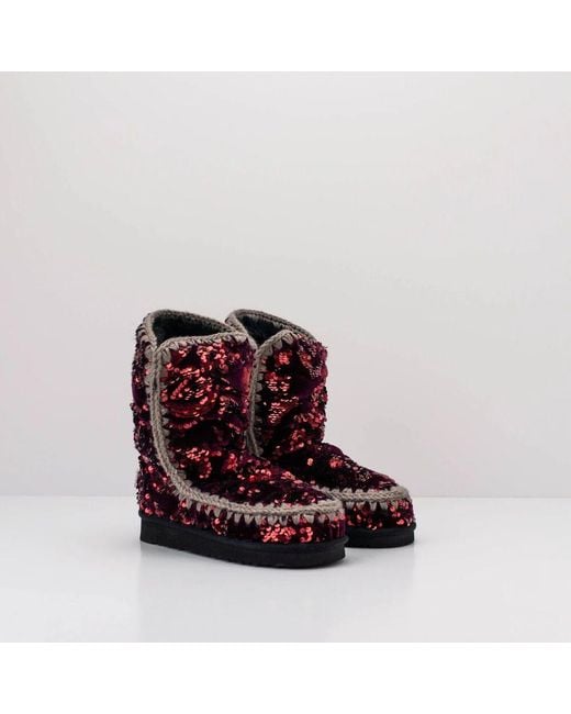 Botas Eskimo Moradas De Terciopelo Con Tachuelas Y Lentejuelas, Mujer, Talla Mou de color Red