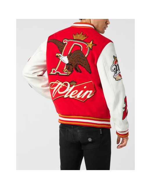 Philipp Plein Jassen ,Rood ,Leer Varsity Bomber Met Leren Mouwen Eagle in het Red voor heren