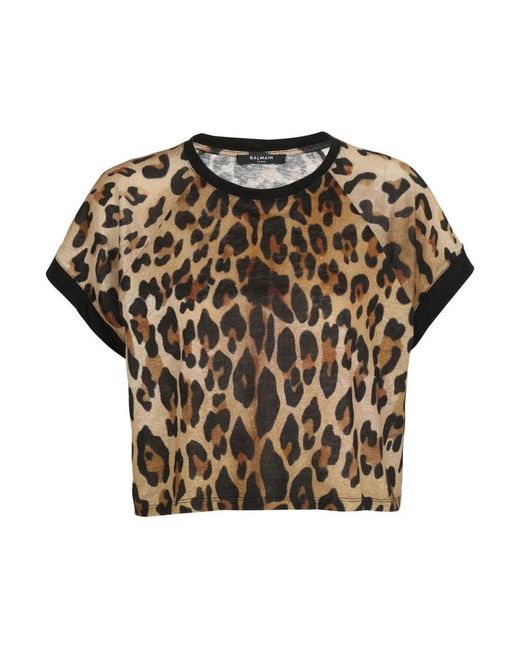 Cropped linen t-shirt with leopard print Balmain de color Black