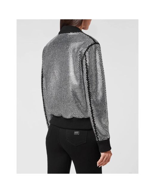Philipp Plein Jassen ,Grijs ,Leer Bomber Met Kristallen in het Gray