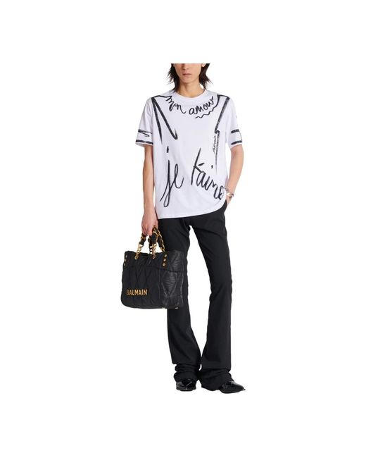 Balmain Tops ,Wit ,Katoen T-Shirt Met 'Love Letter' Print in het Blue voor heren