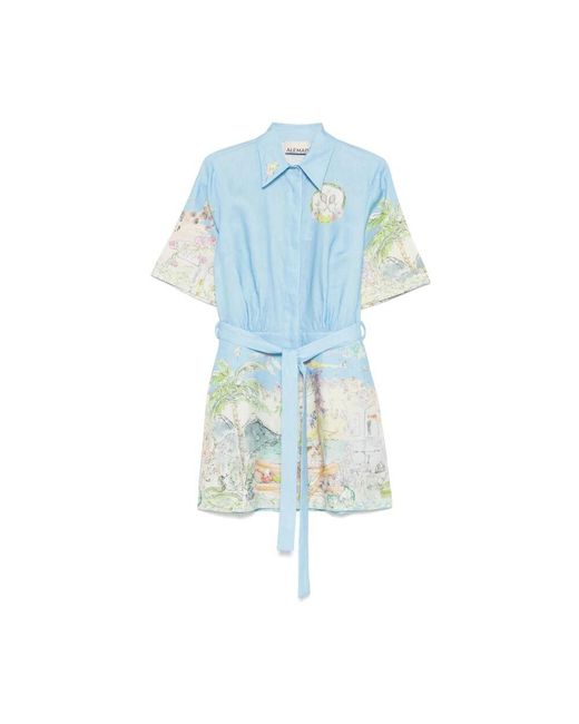 ALÉMAIS Blue Blaues Kleid Mit Gürtel Und Knopfleiste