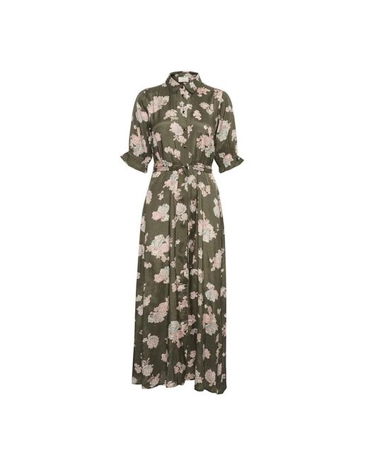 Kaffe Kleedjes ,Groen ,Satijn Bloemen Maxi Jurk Met Pofmouwen in het Green