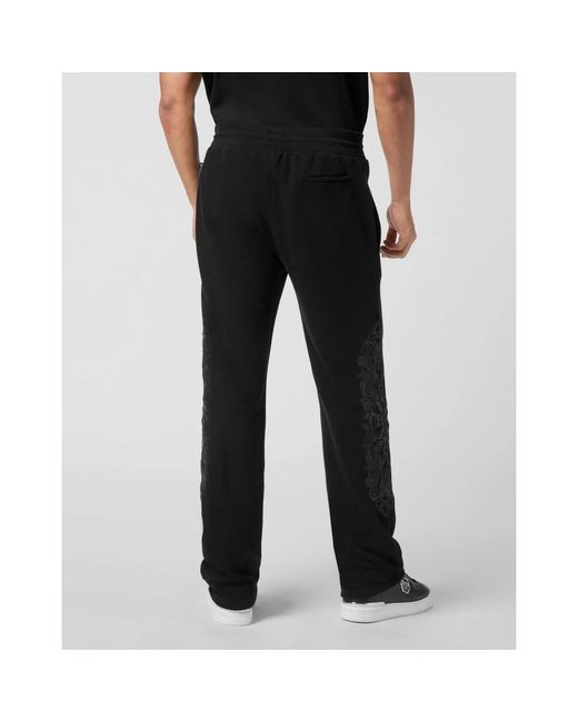Philipp Plein Broeken ,Zwart ,Katoen Joggingbroek Met Leren Inzetstukken Chrome Crest in het Black voor heren