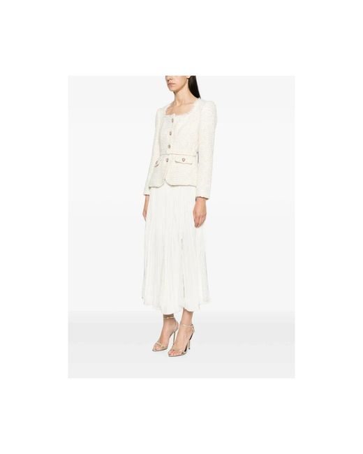 Self-Portrait White Bouclé-Knit Pleated Midi Dress