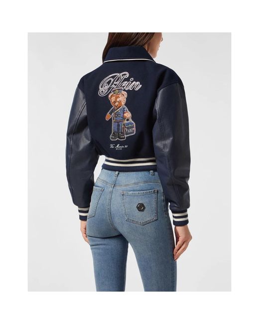 Philipp Plein Jassen ,Blauw ,Wol Wool And Leather College Bomber Teddy in het Blue
