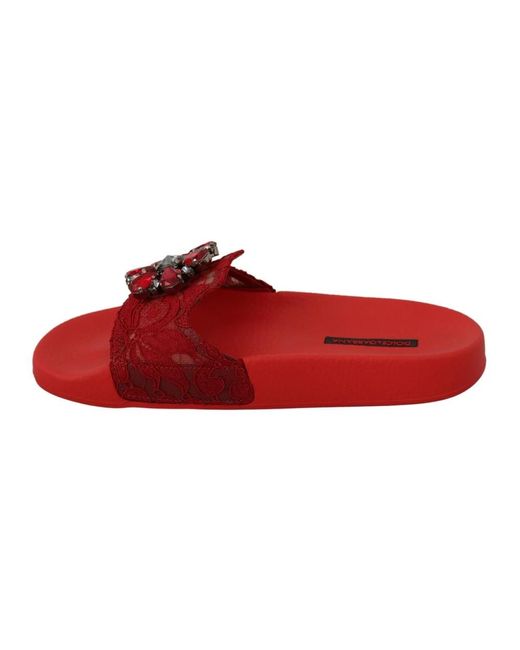 Dolce & Gabbana Red Rote spitze kristall sandalen slides