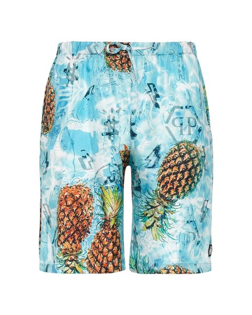 Philipp Plein Korte Broeken ,Blauw ,Silk Shorts Pineapple Skies in het Blue voor heren