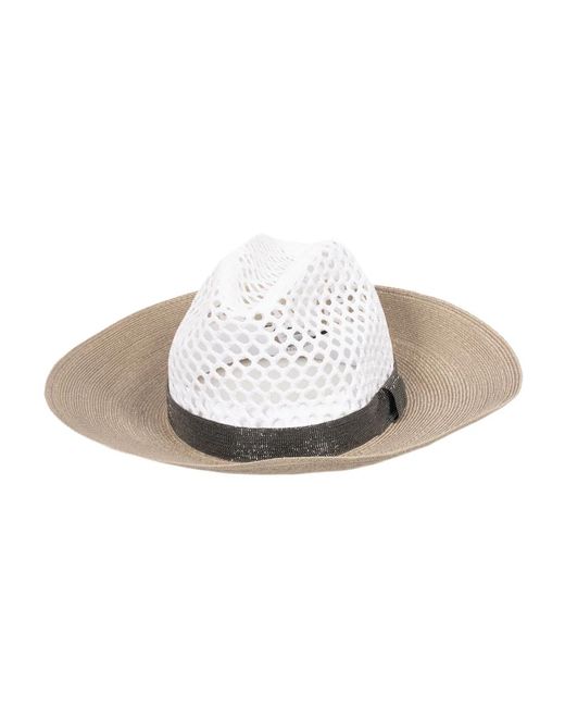 Brunello Cucinelli White Fedora hut mit besticktem band