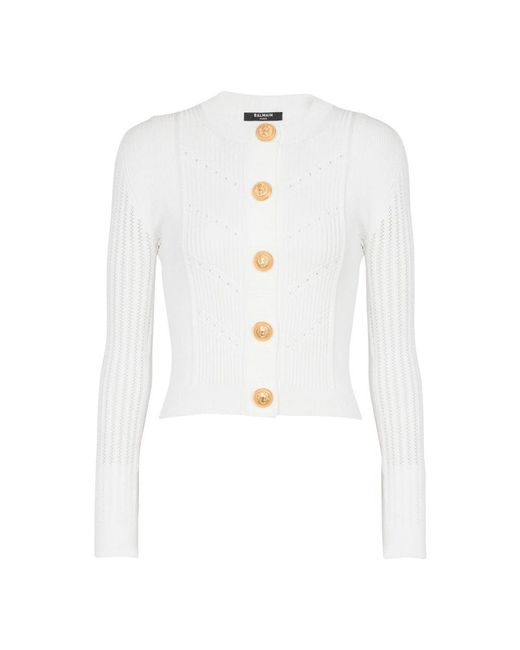 Balmain White Cropped Strickjacke
