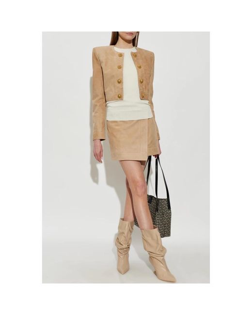 Balmain Cropped Suède Leren Jas in het Natural