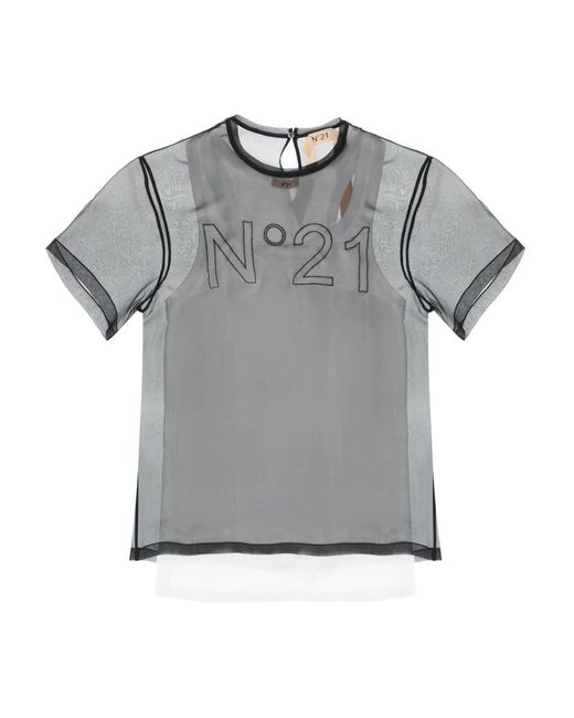 T-shirt georgette con ricamo logo di N°21 in Gray